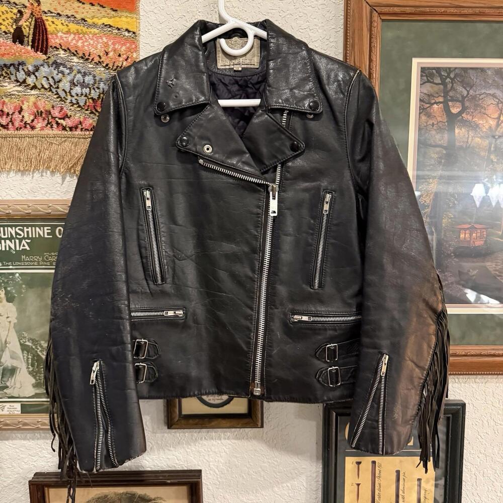 Vintage Drag Specialties Black Leather Fringe Motorcycle Womens Jacket Size 10